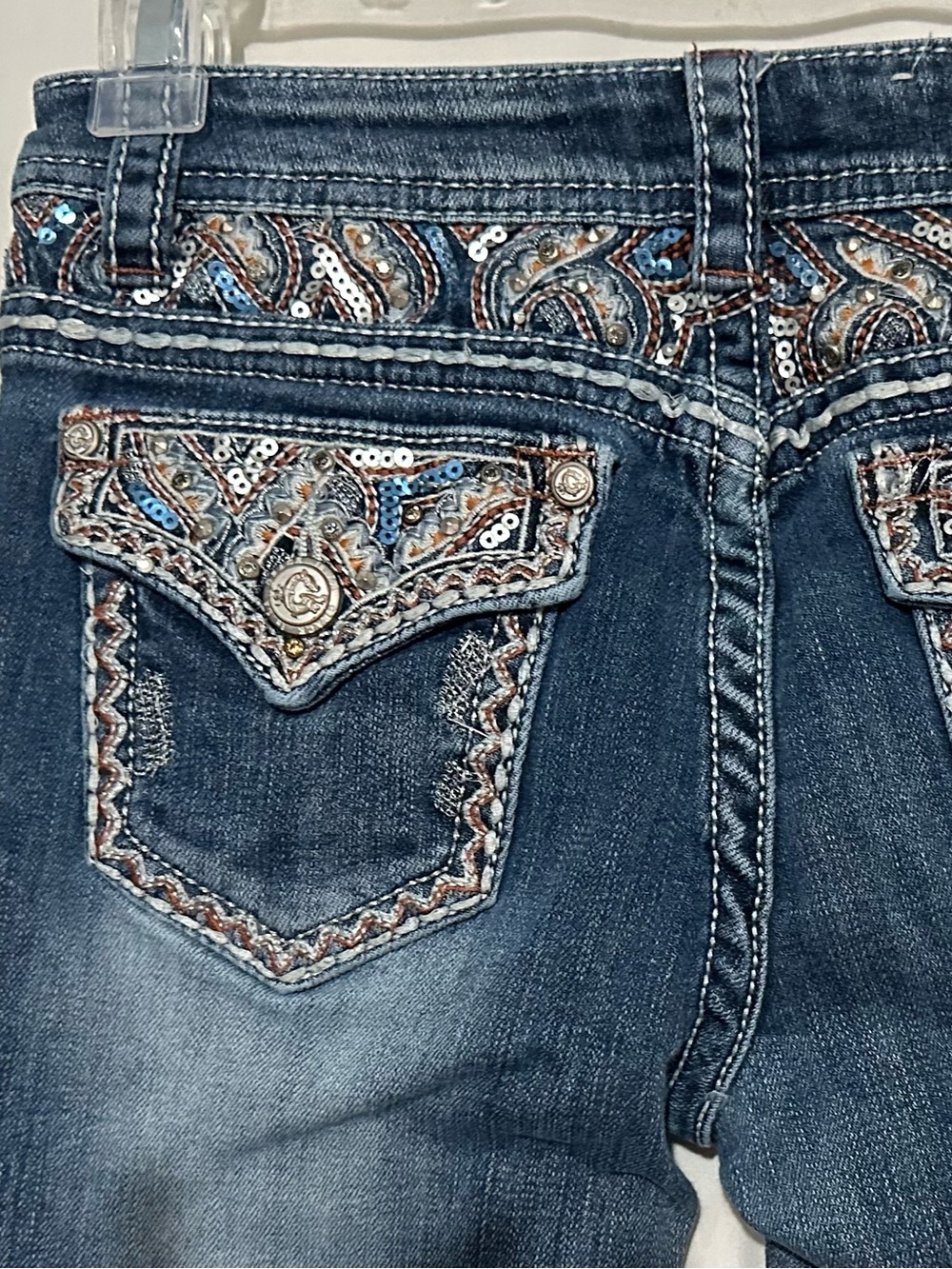 Grace in LA Girls Size 16 Dark Blue Embroidered Boot Cut Jeans with Sequin Trim